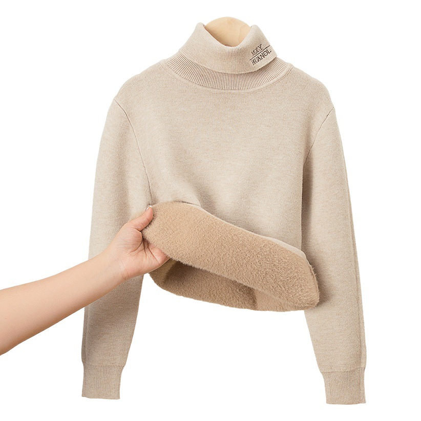 Suéter de cuello alto grueso con forro polar para niños, tejido integrado para niños mayores, capa base de imitación de visón, diseño moderno con letras para niños pequeños y niños.