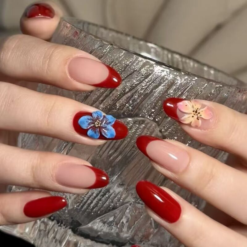 Burgundy Manicure Wearable Nail Polish Finished Product Wholesale Almond Blue Carved Fake Nails Stereo Flower Wearable Nail Polish