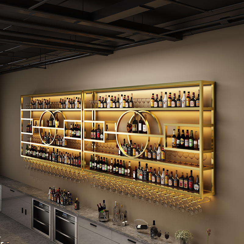 Bar bar decoration wall-mounted luminous wine rack restaurant wall-mounted wrought iron wine cabinet creative display rack