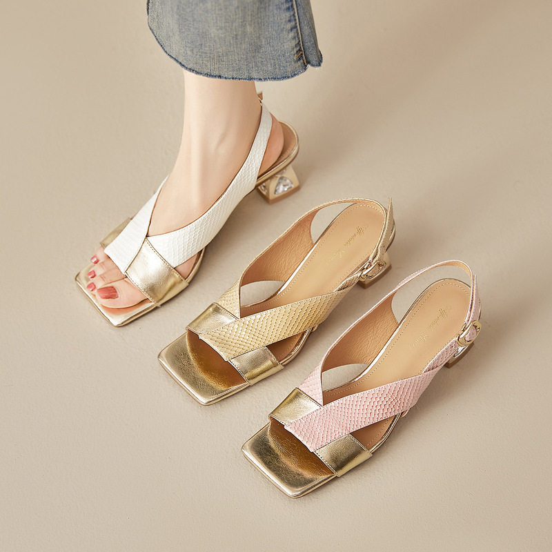 French Fashion Snake Pattern Cowhide Color Matching Cross Strap Square Toe 5cm Rhinestone Thick Heel High Heel Open Toe Fashion Sandals for Women