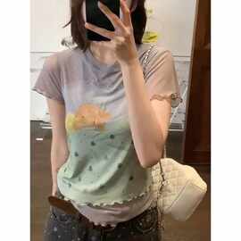 韩版甜美风圆领卡通烫钻印花短袖T恤女通勤显瘦别致双层网纱上衣