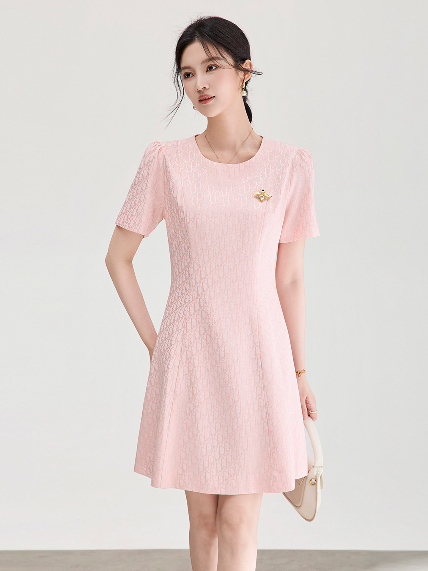 Đầm ngắn tay thắt eo jacquard kiểu dáng thanh lịch mùa hè — màu hồng