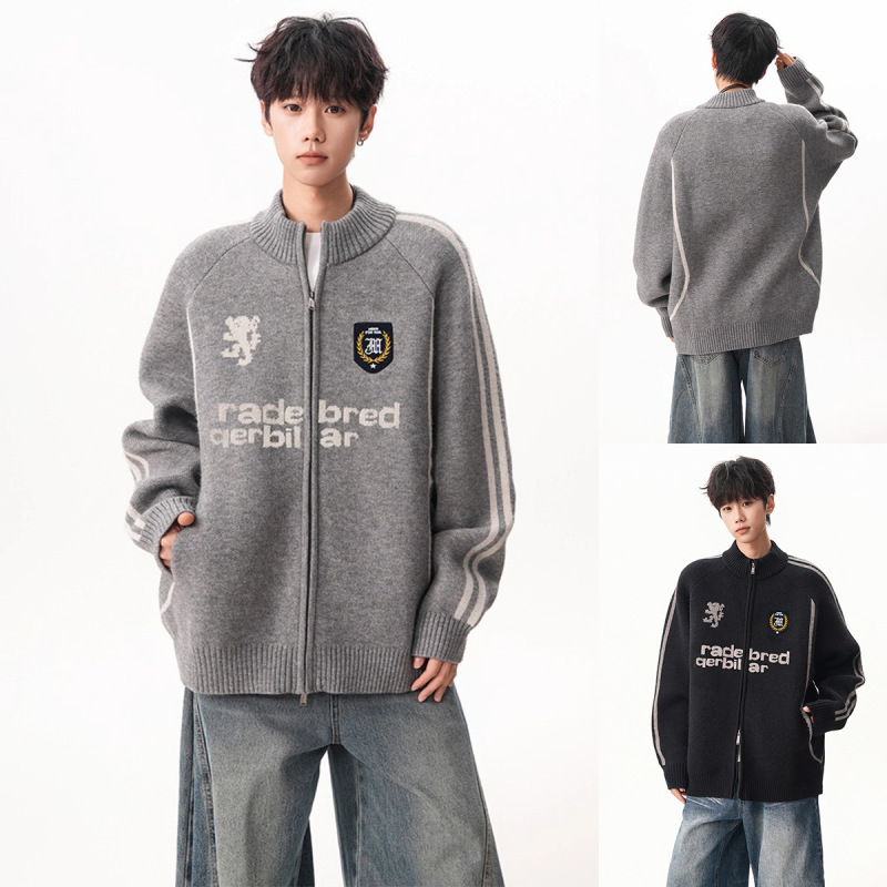 Double-Breasted Striped College Style Knit Sweater Cardigan for Men, Lazy High-End Autumn and Winter Foreign Trade Cross-Border Wholesale Double-Breasted Striped College Style Knit Sweater Cardigan for Men, Lazy High-End Autumn and Winter Foreign Trade Cross-Border Wholesale