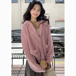 韩系小清新温柔慵懒风镂空绞花连帽毛衣女日系甜美显瘦针织开衫