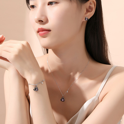 Original pink kitten necklace sterling silver 925 cute cartoon girl heart sweet cool style pendant niche ins clavicle chain