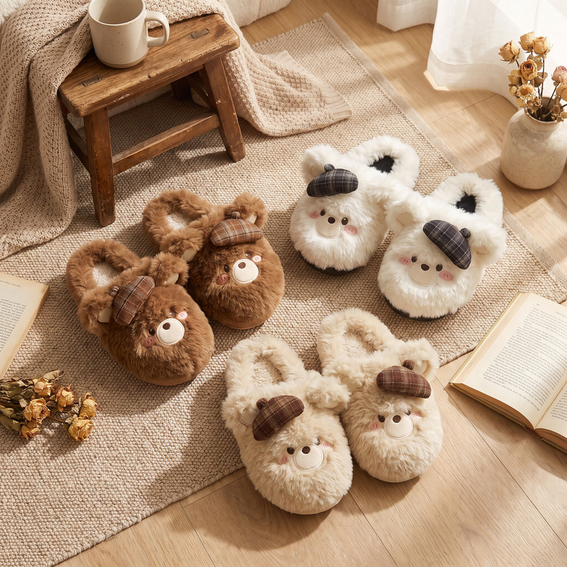 2026 Autumn/Winter Trendy Ins Cartoon 3D Cute Bear Beret Plush Home Warm Women's Cotton Slippers