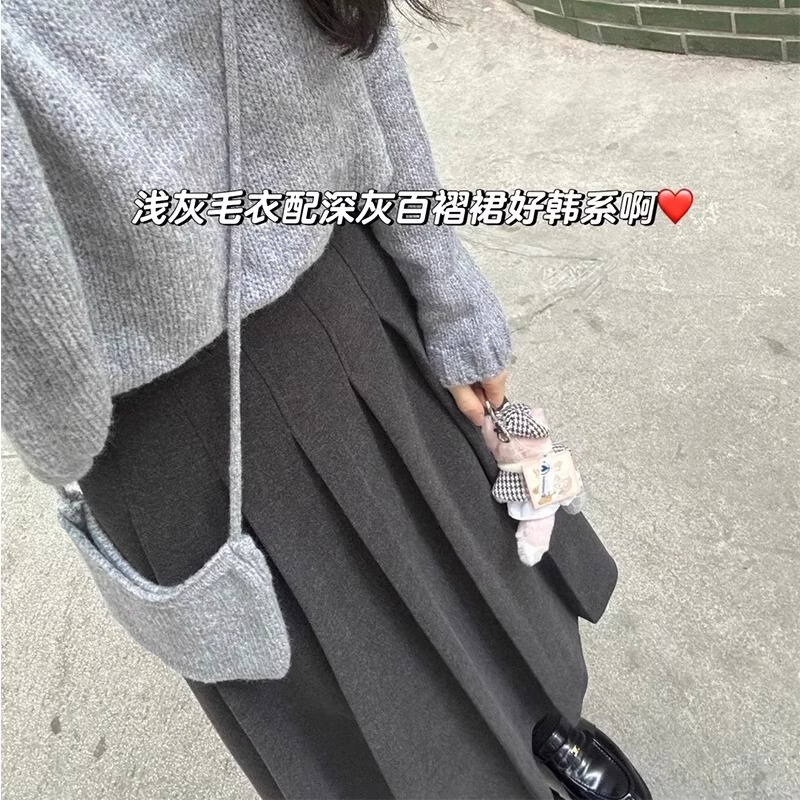 Gray Plus-Size Woolen Pleated Skirt for Women, Spring and Autumn, Mid-Length, Hip-Covering A-Line Skirt, High-End Feel, Thickened Gray Plus-Size Woolen Pleated Skirt for Women, Spring and Autumn, Mid-Length, Hip-Covering A-Line Skirt, High-End Feel, Thickened