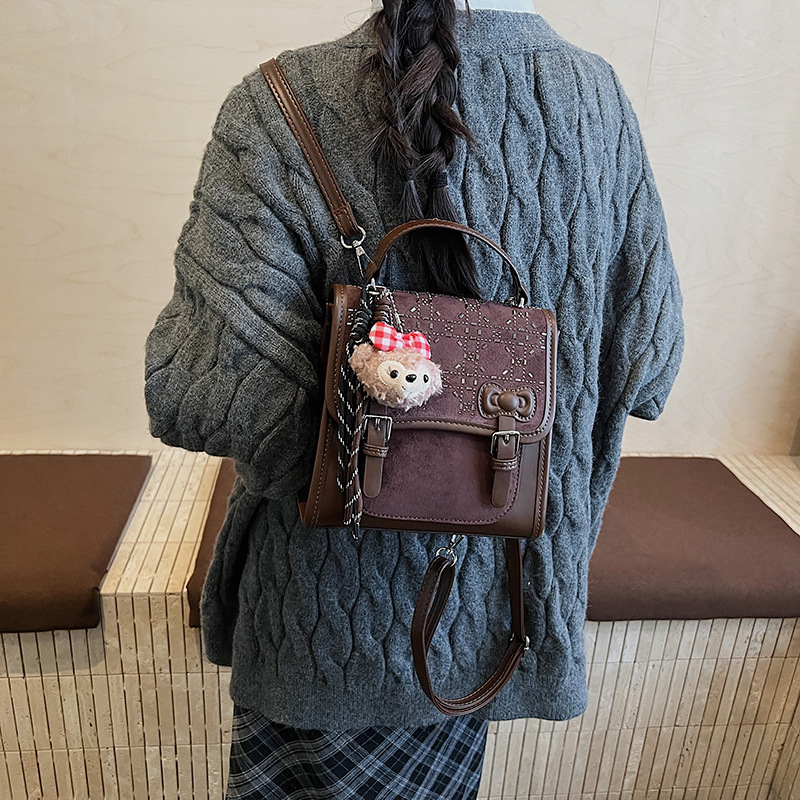 跨境复古学院双肩包包女秋冬新款镶钻柳钉多用少女书包高级感背包|undefined