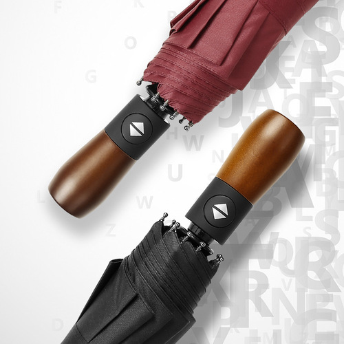 Custom 10-bone 3-fold full automatic wind and rain dual-use umbrella with wooden handle, retro business advertising umbrella for men and women