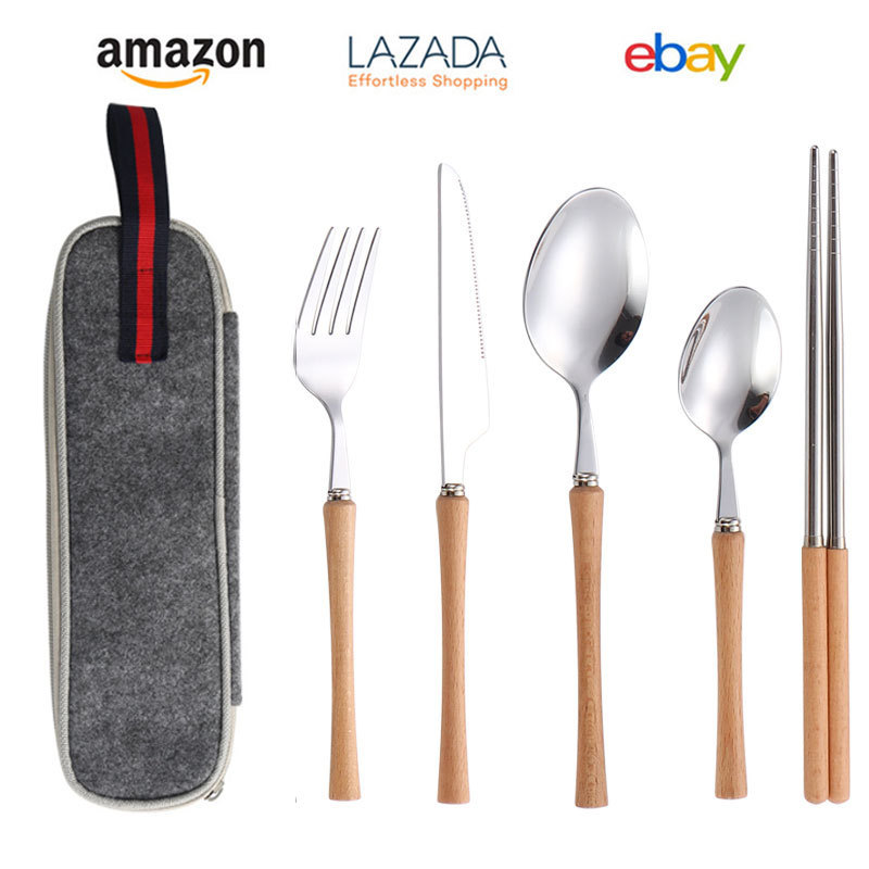 Amazon Cross-Border Stainless Steel Solid Wood Handle Knife, Fork, Spoon, Chopsticks, Western Restaurant Steak Knife and Fork, Travel Portable Cutlery Set