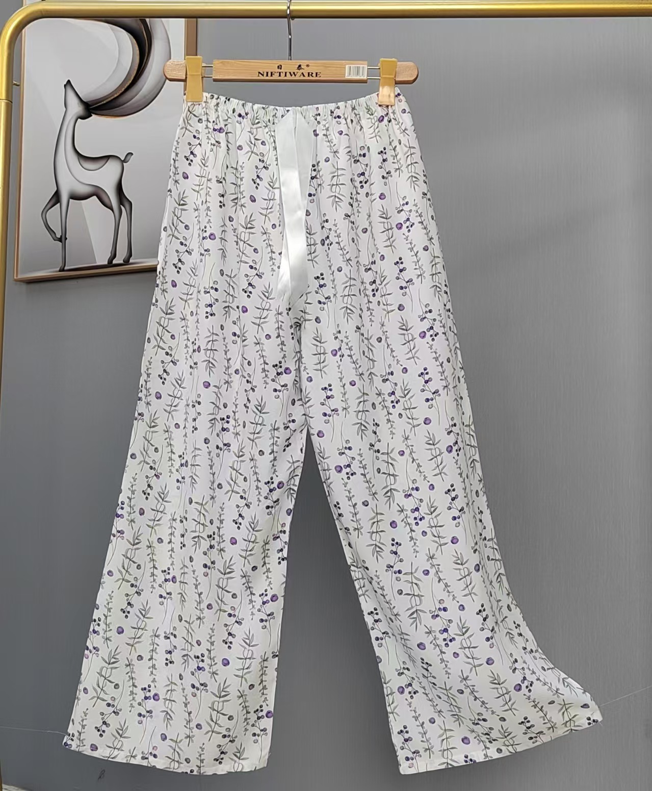 Pijama de seda de algodón para mujer, pantalones anchos de mujer embarazada de seda de algodón con estampado fino de verano