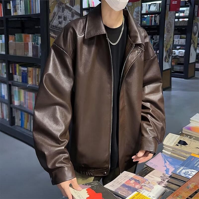 European and American Street Fashionable Loose Biker Suit Leather Jacket Men's Fashionable Duffian Handsome High-Level Aviator PU Leather Jacket Coat