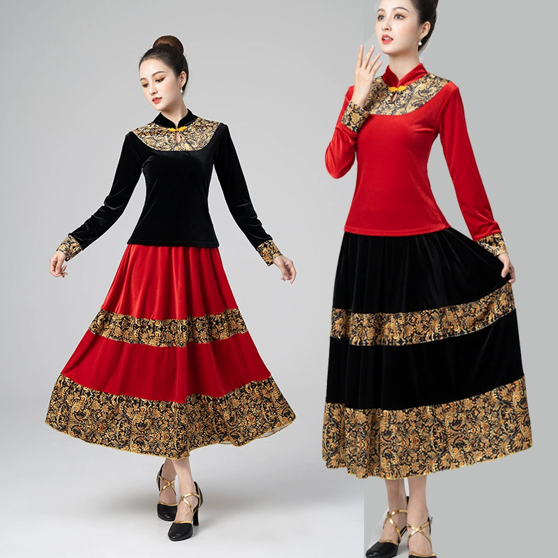 Костюм квадратного танца Новый костюм Золотой бархат с длинным рукавом Большое платье-качели Осенне-зимний классический костюм народного танца