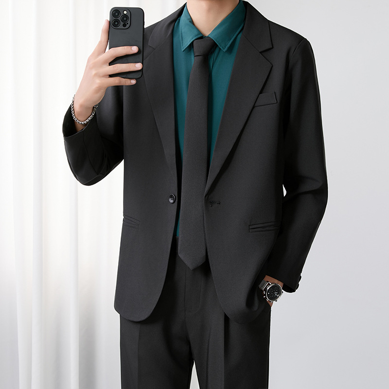 韩系黑色垂感西装外套男士春秋冬季轻商务百搭休闲痞帅小西服外套