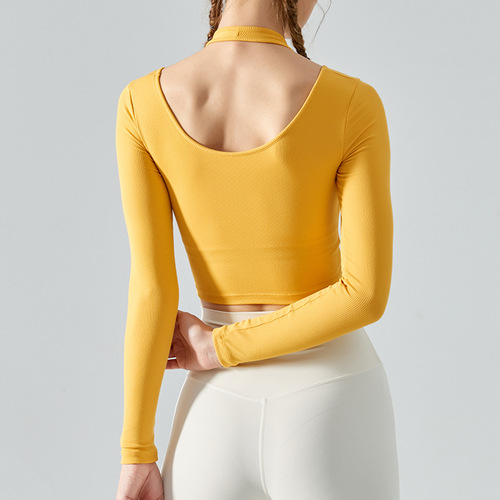 Cross-border autumn and winter halterneck fake two-piece yoga long-sleeved women's removable chest pad slim fitness clothing running sports top