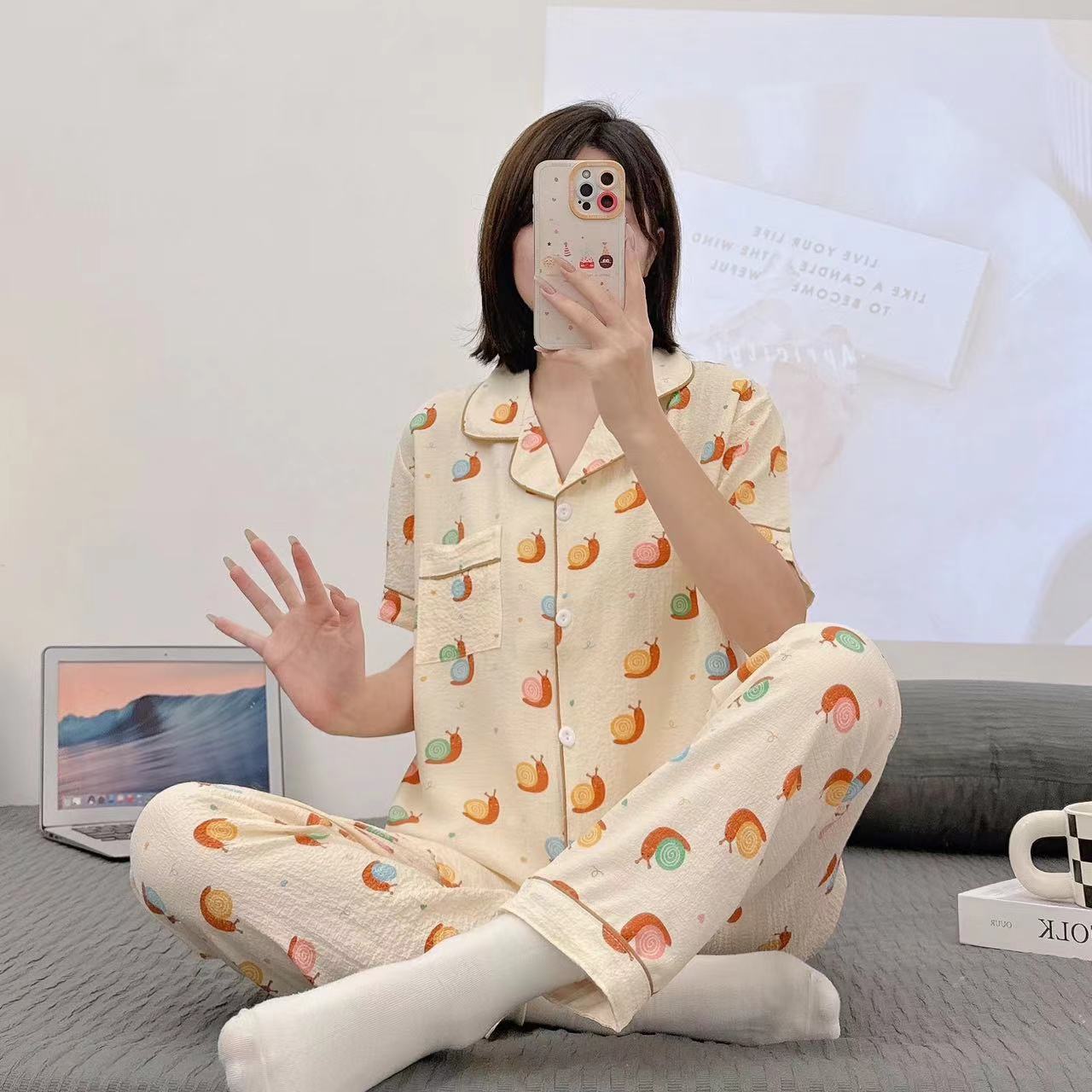 Pajamas de espuma tejidos de verano de algodón pantalones largos de mangas cortas ropa para el hogar de verano delgada de algodón conjunto de dos piezas