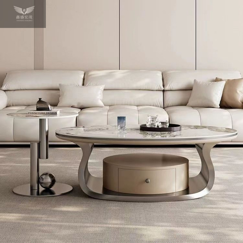 sala de estar hogar con tabla de té de fumar, tabla de té de tabla de roca ovalada de lujo ligera, combinación de gabinete de televisión, combinación de sala de estar de alta calidad