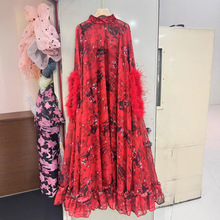 高贵优雅气质毛毛袖立领连衣裙女夏季宽松遮肉显瘦荷叶边豹纹长裙