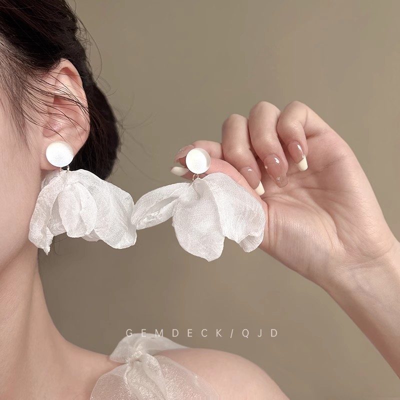 White chiffon petal earrings