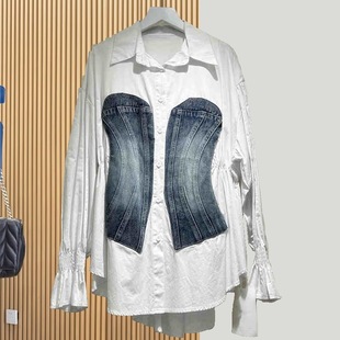 Design Sense Long Sleeve Stitching Denim Waist Shirt Women's 2024 Autumn and Winter New Slimming All-match Fashion Contrast Color Top