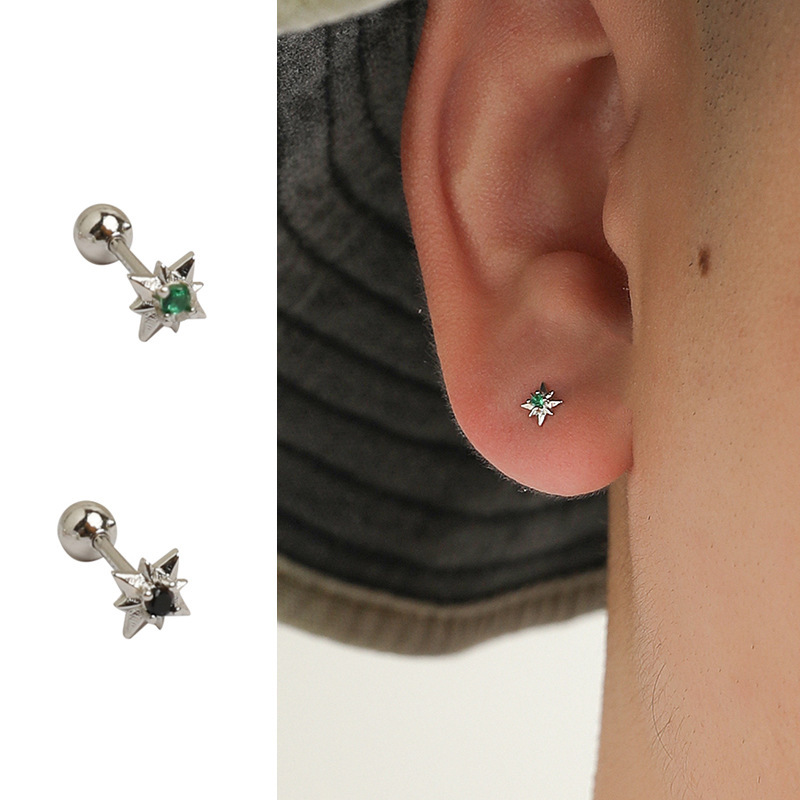 925 silver needle eight Awn star thread stud earrings men's design octagonal earrings women's sleep-free ins