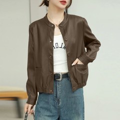 美ラードの皮のコートの女性の短いタイプの春秋の新型の韓国版のカジュアルでゆったりしていて、やせているファッションの百合の皮のジャケットです。