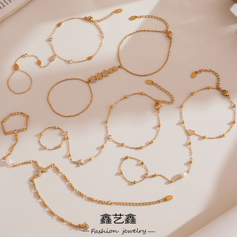 鑫艺鑫不锈钢镶嵌锆石小众设计感手环跨境欧美风简约手链镀18k金|undefined