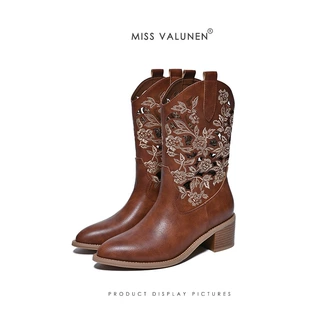 华伦小姐Miss valunen刺绣镂空西部牛仔靴子女短靴新疆草原穿搭