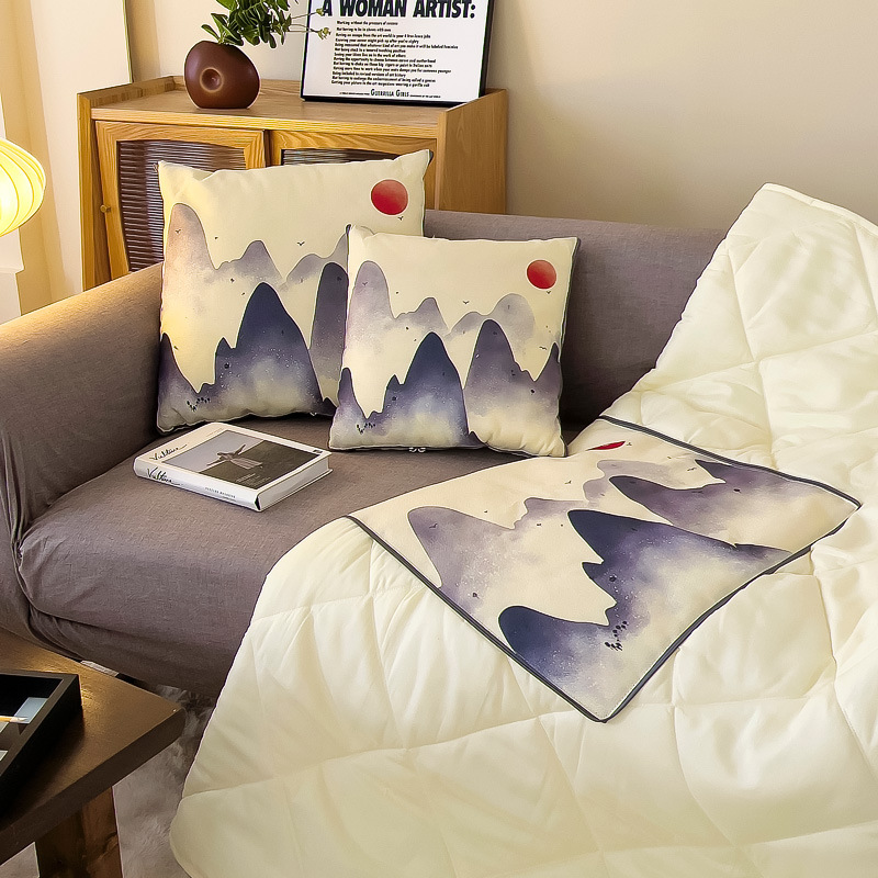 多功能抱枕被二合一中式水墨风亚麻抱枕被车载礼品定logo印广告语