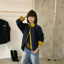 厂家直销25秋冬韩版撞色宽松显瘦假两件薄棉服外套小个子圆领夹克