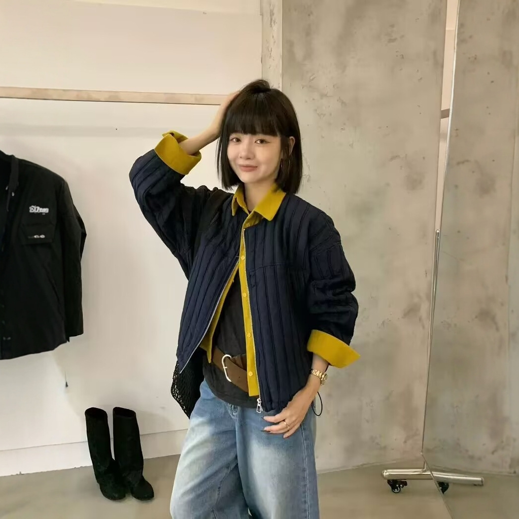 厂家直销25秋冬韩版撞色宽松显瘦假两件薄棉服外套小个子圆领夹克