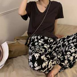 小狗印花阔腿裤女夏季高腰垂感冰丝小个子休闲裤大直筒长裤子