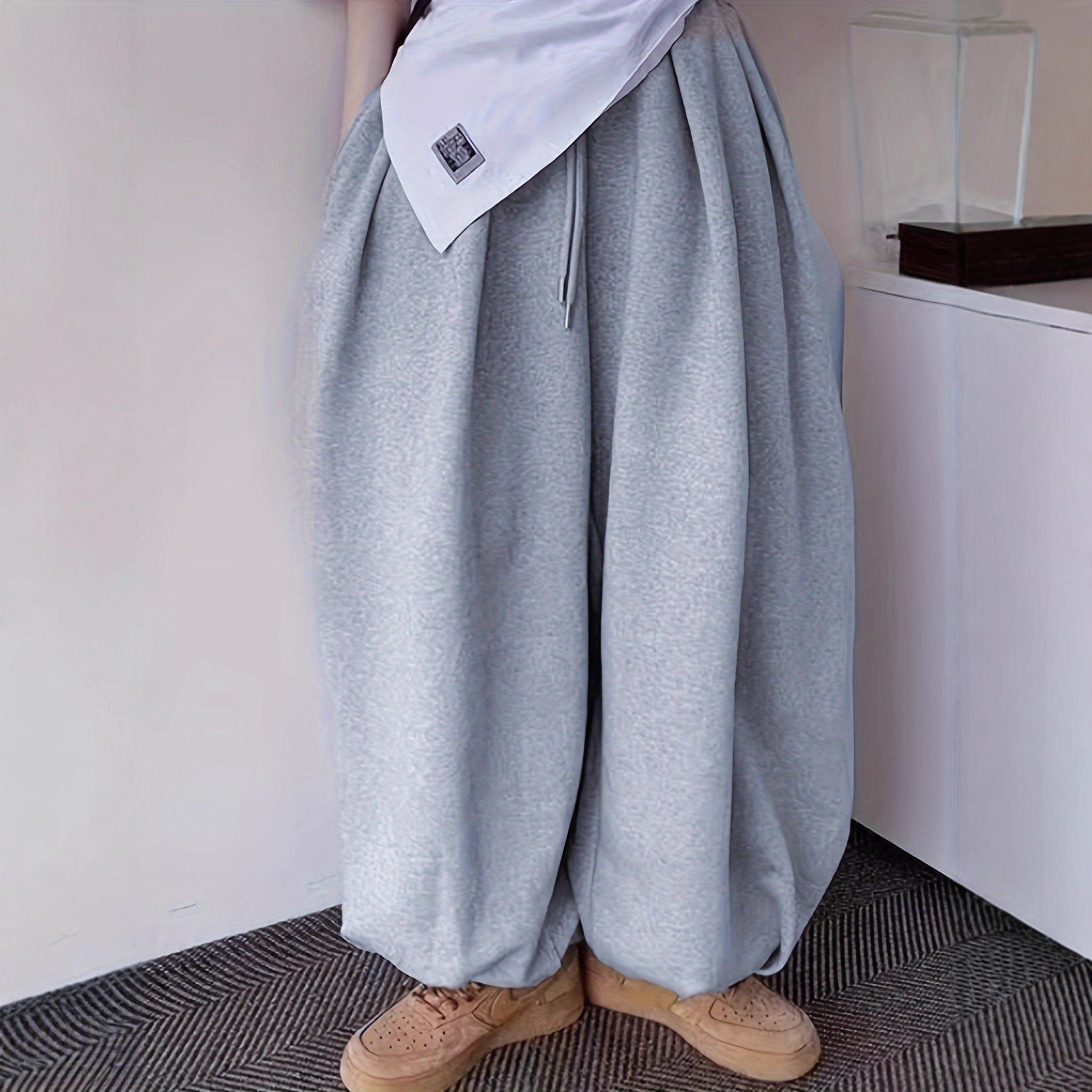 Men's Fleece-Lined Solid Color Jogger Lantern Pants for Autumn and Winter, Loose Slimming Drape Wide-Leg Casual Sports Sweatpants