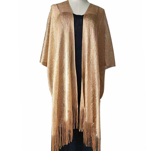 European and American style cross-border gold silk slit shawl women's thin evening dress with decorative tassels hollow sunscreen silk scarf