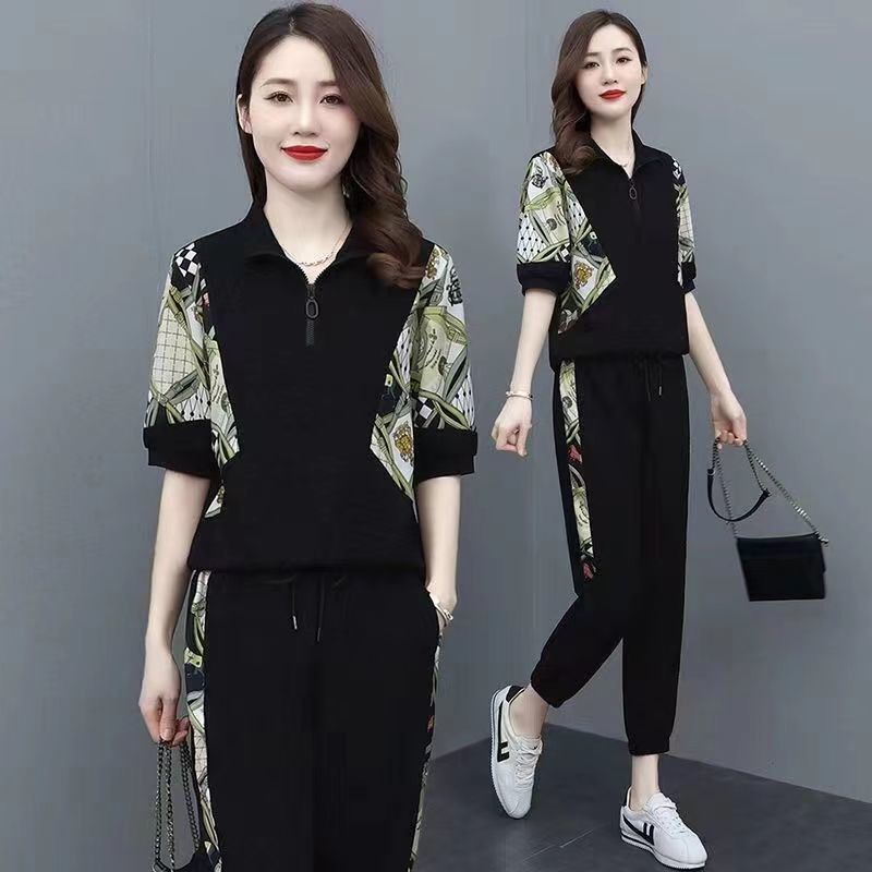 Sports Suit Women's Short-sleeved 2023 New Women's Summer Korean-style Fashionable Colorblock Casual Suit Two-piece Suit Women