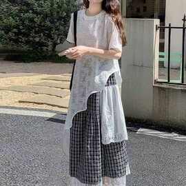 新款韩系小清新套装女夏季蕾丝拼接格子长裙两件套时尚休闲穿搭