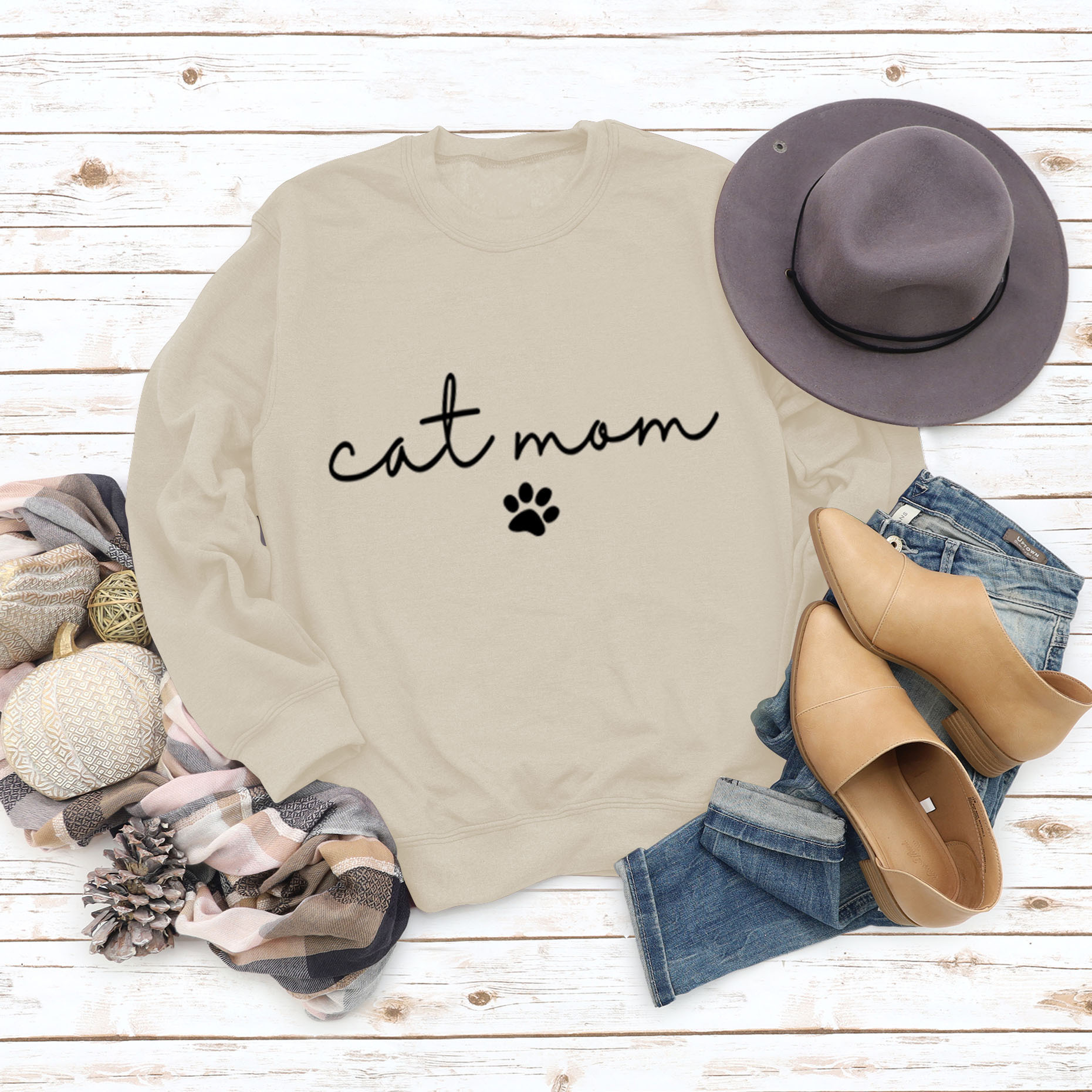 Amazon estación independiente transfronteriza gato mamá perro impreso cuello redondo letras sueltas moda mujer de manga larga suéter al por mayor