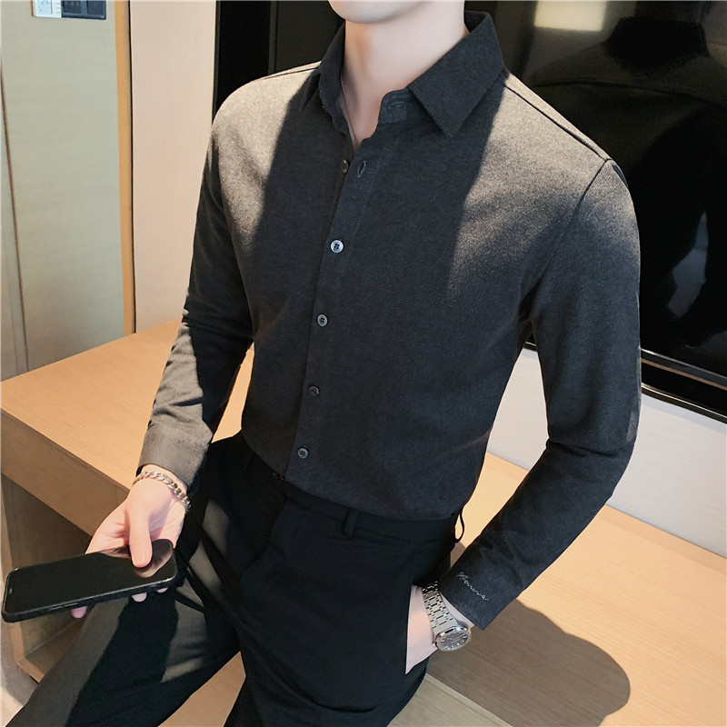 秋冬加厚男士呢子衬衫韩版修身内搭时尚修身加绒保暖长袖打底衬衣