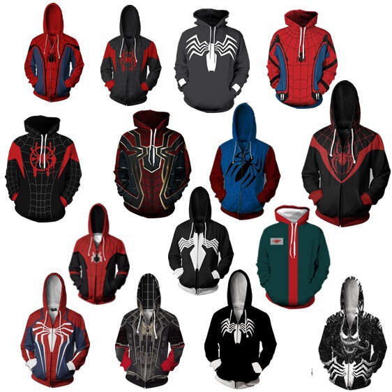 European and American cross-border cartoon Spider-Man zipper sweater men's New Era small black Spider 3D digital printing hooded jacket