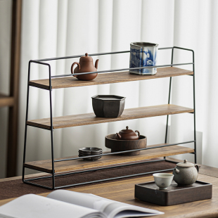 Grass Temple Iron Storage Rack North American Black Walnut Wood Board Tea Set Storage Rack Display Rack Japanese Tea Shed Bogu Rack