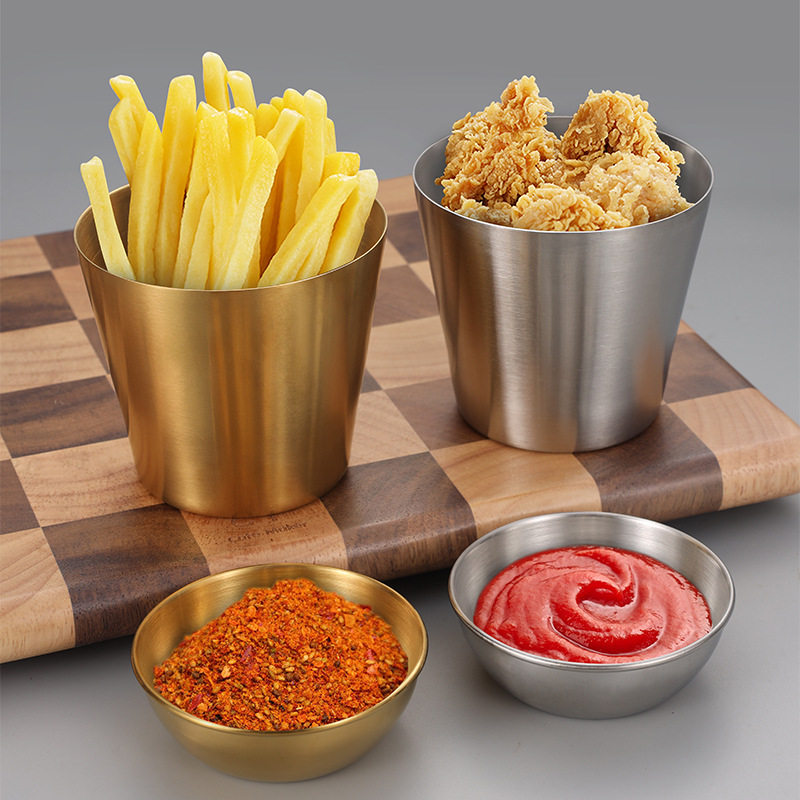 Fabricante de la fuente 304 de acero inoxidable papas fritas taza merienda bebida fría taza creativa ensalada salsa de tomate plato de inmersión condimento tazón