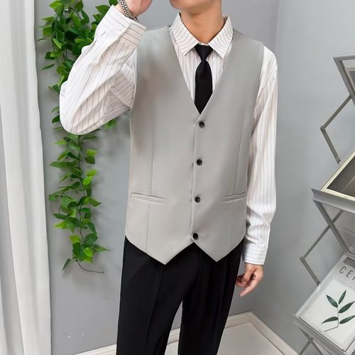 Spring Korean Style Trendy Slim Fit Gray Suit Vest for Men, British Style Western Vest, Casual Professional Best Man Vest, Men's waistcoat