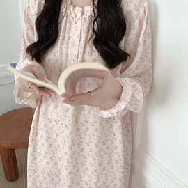浅粉小碎花纯棉双纱长袖睡裙女韩版木耳边春秋居家睡眠家居服批发
