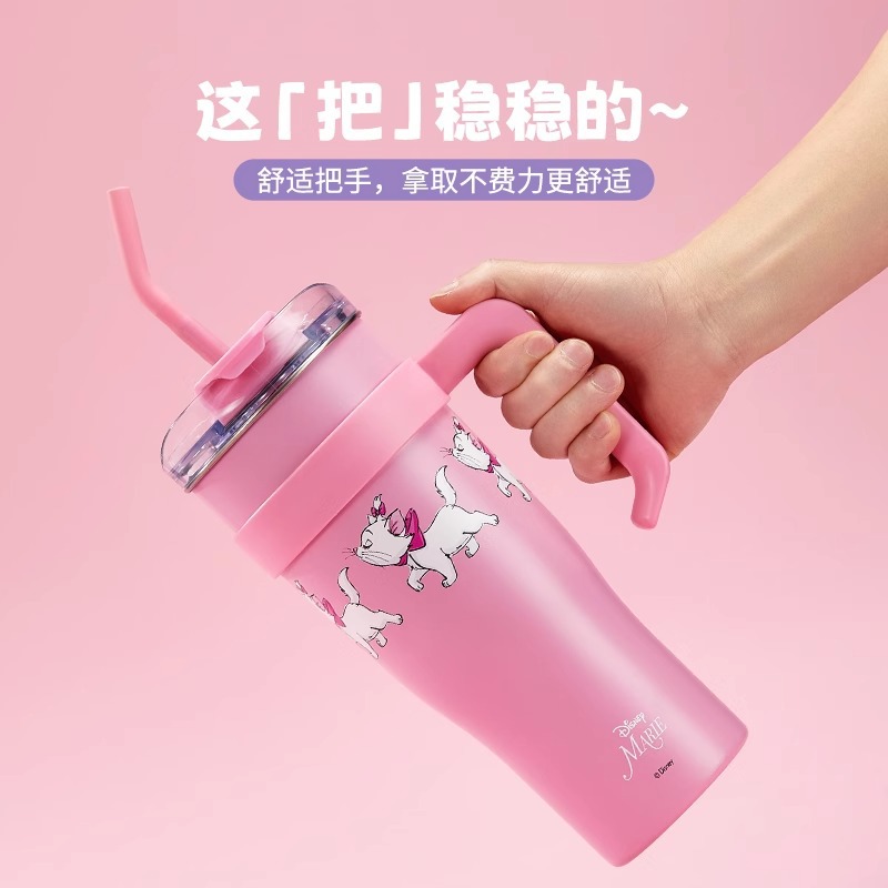 MINISO Classic Mary Cat Series Giant Capacity Straw Steel Cup with Handle