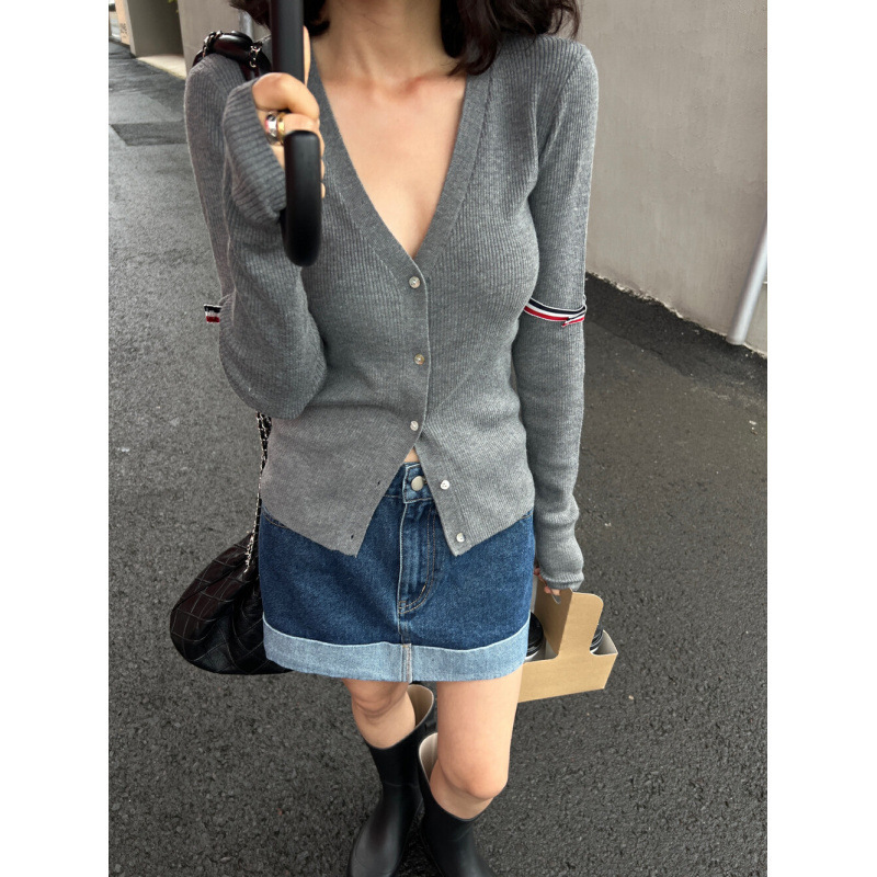 韩版V领织带针织衫开衫女秋新款时尚气质洋气减龄设计感上衣潮流|undefined