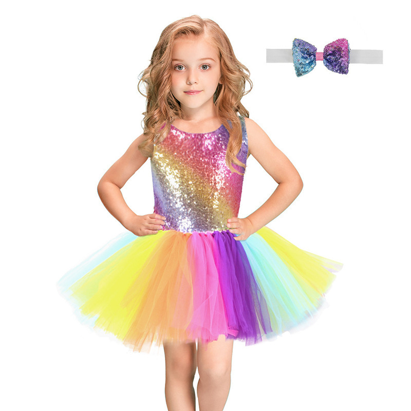 Colorful rainbow sequined jazz dance dresses for kids baby Piano performance  skirts girls birthday party rainbow children gauze ballet tutu skirt