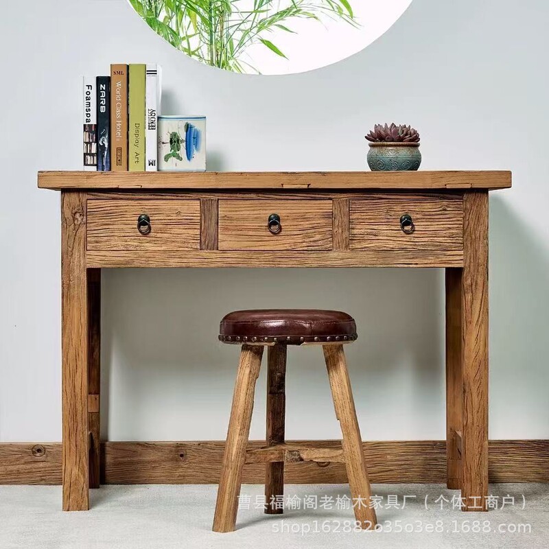 New Chinese-Style Old Elm Wood Desk, Weathered Old Door Panel Office Desk, Vintage Computer Desk, Bedroom Vanity Table and Chair Set