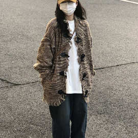 美式复古嘻哈街头牛角扣开衫毛衣女春秋宽松设计感百搭情侣针织衫