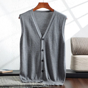 Men's Worsted Thin Pure Wool Sweater Sleeveless V-Neck Buckle Vest Outer Woven Sweater Top Base Shirt