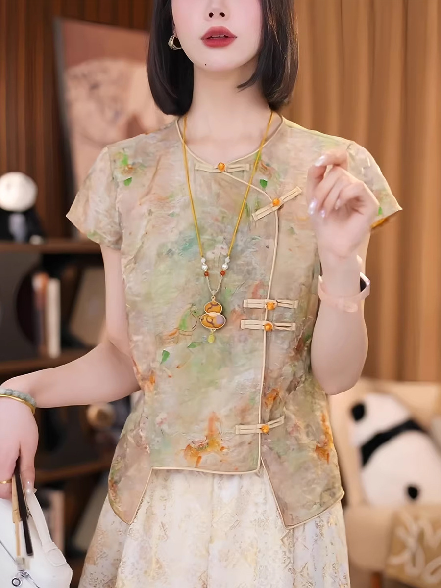 Áo sơ mi nữ ngắn tay lụa Jacquard Guofeng nút áo nhỏ Hương Vân Sa — Màu ảnh